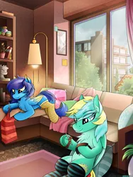 Size: 2500x3332 | Tagged: safe, artist:andaluce, derpibooru import, oc, oc:typh, oc:typhoon, unofficial characters only, pegasus, pony, apartment, carpet, chest fluff, clothes, colored wings, commission, couch, cozy, cute, decoration, duo, ear fluff, frog (hoof), hock fluff, hockless socks, image, indoors, knitting, lamp, living room, male, picture frame, png, relaxing, sitting, socks, stallion, striped socks, two toned wings, underhoof, window, wings