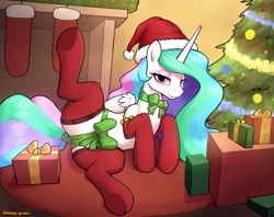 Size: 5243x4156 | Tagged: safe, artist:whiskeypanda, derpibooru import, princess celestia, alicorn, pony, g4, bedroom eyes, bell, blushing, christmas, clothes, female, gift wrapped, hat, hearth's warming, holiday, image, lidded eyes, looking at you, lying down, png, present, raised hoof, rug, santa hat, side, smiling, socks, solo, solo female, spread legs, spreading, stockings, tail, tail wrap, thigh highs, underhoof