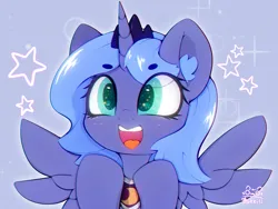 Size: 3000x2250 | Tagged: safe, artist:zokkili, derpibooru import, princess luna, alicorn, pony, g4, beanbrows, crown, ear fluff, eye clipping through hair, eyebrows, eyebrows visible through hair, female, high res, horn, image, jewelry, jpeg, open mouth, open smile, peytral, regalia, smiling, solo, sparkles, sparkly eyes, spread wings, wingding eyes, wings