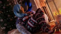 Size: 3840x2160 | Tagged: safe, artist:loveslove, ponerpics import, oc, oc:iva, unofficial characters only, anthro, 3d, breasts, christmas, clothes, eyes closed, feet, female, holiday, image, jpeg, male and female, sleeping, socks