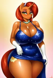 Size: 832x1216 | Tagged: prompter needed, source needed, safe, ai content, derpibooru import, machine learning generated, stellar flare, anthro, g4, breasts, busty stellar flare, image, png, sparkling dress