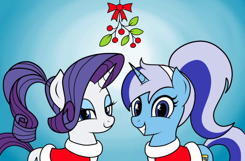 Size: 1500x986 | Tagged: safe, artist:vomitvomiting, derpibooru import, minuette, rarity, g4, christmas, clothes, duo, gradient background, holiday, image, looking at you, mistletoe, png