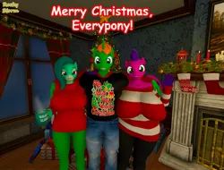 Size: 2048x1558 | Tagged: safe, artist:rockystorm300, ponerpics import, oc, unofficial characters only, anthro, 3d, breasts, christmas, clothes, female, holiday, image, jpeg, male, trio, trio female