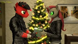 Size: 3840x2160 | Tagged: safe, artist:fireemerald123, derpibooru import, oc, oc:holly berry, oc:page feather, unofficial characters only, anthro, 3d, christmas, clothes, duo, glow, glowing eyes, holiday, image, indoors, jacket, leather, leather jacket, png, source filmmaker, trenchcoat, voidpunk, watermark