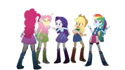 Size: 666x375 | Tagged: safe, derpibooru import, applejack, fluttershy, pinkie pie, rainbow dash, rarity, human, equestria girls, g4, belt, boots, clothes, cowboy boots, cowboy hat, hat, high heel boots, humane five, image, jacket, png, shirt, shoes, simple background, skirt, socks, solo, vest, white background