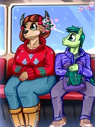 Size: 1500x2000 | Tagged: safe, artist:scarletdex8299, derpibooru import, sandbar, yona, anthro, earth pony, yak, g4, arrow, backpack, bow, cel shading, christmas, christmas sweater, clothes, cutie mark, cutie mark on clothes, duo, duo male and female, female, festive, flirting, floating heart, food, hair bow, heart, hearth's warming eve, hinting, holiday, horns, image, implied kissing, kiss on the cheek, kissing, looking away, male, male and female, mistletoe, nail polish, png, shading, shipping, size difference, smaller male, snilldarfest, snow, straight, student six, subway, sweater, train car, wide hips, winter outfit, yonabar