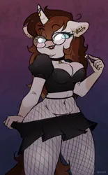 Size: 2064x3325 | Tagged: suggestive, artist:spoopygander, derpibooru import, oc, oc:spipples, unofficial characters only, anthro, undead, unicorn, vampire, choker, clothes, costume, fangs, fishnet clothing, fishnets, freckles, glasses, halloween, halloween costume, holiday, horn, image, lipstick, microskirt, png, skirt, socks, solo, stockings, thigh highs