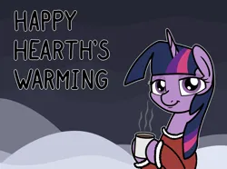 Size: 2048x1520 | Tagged: safe, artist:ewoudcponies, derpibooru import, twilight sparkle, pony, g4, bust, chocolate, female, food, happy hearth's warming, hearth's warming, hoof hold, hot chocolate, image, lidded eyes, looking at you, mare, mug, png, smiling, smiling at you, solo