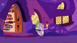 Size: 1280x721 | Tagged: safe, derpibooru import, screencap, spike, dragon, g4, the ticket master, golden oaks library, golden ticket, happy, image, jpeg, library, my little pony, solo, ticket