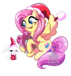 Size: 1200x1300 | Tagged: safe, artist:royalbabble, derpibooru import, angel bunny, fluttershy, pegasus, pony, g4, angel bunny is not amused, blush sticker, blushing, christmas, cute, duo, duo male and female, elf costume, female, frown, hat, holiday, image, male, mare, png, present, santa hat, shyabetes, simple background, transparent background, unamused