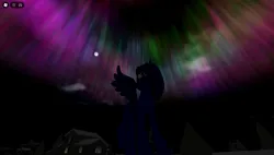 Size: 1858x1057 | Tagged: safe, derpibooru import, princess luna, alicorn, pony, g4, aurora borealis, female, game screencap, house, image, moon, night, png, roblox, solo, tree, twisted (game)