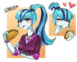 Size: 2500x2000 | Tagged: safe, artist:roachgochi, derpibooru import, sonata dusk, human, equestria girls, g4, blushing, cute, eating, food, gem, heart, image, passepartout, png, siren gem, taco, that siren sure does love tacos