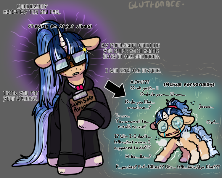 Size: 2000x1599 | Tagged: safe, artist:sexygoatgod, derpibooru import, oc, oc:depraved daydream, unofficial characters only, pony, unicorn, chibi, clipboard, clothes, comparison, crying, female, glasses, heavy breathing, hidden eyes, horn, image, mare, ominous, png, shaking, solo, suit