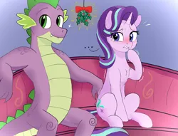 Size: 1878x1437 | Tagged: safe, artist:local sugar provider, derpibooru import, spike, starlight glimmer, dragon, pony, unicorn, g4, adult, adult spike, anxious, blush lines, blushing, couch, cute, derpibooru exclusive, duo, female, hearth's warming, holly, holly mistaken for mistletoe, horn, image, imminent kissing, indoors, leaning back, lip bite, male, mare, mistletoe, nervous, older, older spike, png, raised hoof, scales, shaking, shaking hoof, ship:sparlight, shipping, shy, sitting, size difference, smiling, sparkles, straight, sweat, sweatdrop