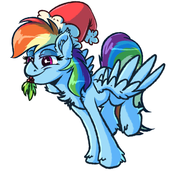 Size: 2449x2449 | Tagged: safe, artist:witchtaunter, derpibooru import, rainbow dash, pegasus, pony, g4, chest fluff, christmas, cute, dashabetes, ear fluff, female, hat, high res, holiday, holly, holly mistaken for mistletoe, image, lidded eyes, mare, mouth hold, png, santa hat, simple background, smiling, solo, spread wings, transparent background, wings