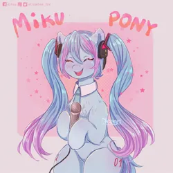 Size: 2048x2048 | Tagged: safe, artist:kitsu, artist:strawbee_fox, derpibooru import, ponified, pony, g4, blushing, clothes, collar, eyelashes, female, hatsune miku, image, jpeg, microphone, necktie, pigtails, smiling, socks, solo, solo female, thigh highs, twintails, vocaloid