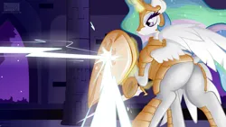 Size: 3840x2160 | Tagged: safe, artist:virenth, derpibooru import, princess celestia, alicorn, pony, g4, action pose, armor, butt, combat, female, image, mare, plot, png, raised tail, shield, sunbutt, sword, tail, wallpaper, weapon