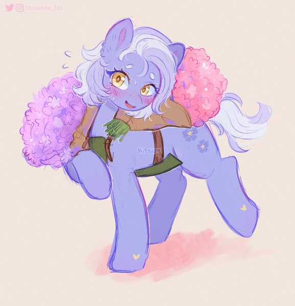 Size: 1969x2048 | Tagged: safe, artist:kitsu, artist:strawbee_fox, derpibooru import, oc, earth pony, pony, g4, blushing, bouquet, bouquet of flowers, clothed ponies, commission, cutie mark, female, flower, image, jpeg, open mouth, solo, solo female, white mane, yellow eyes