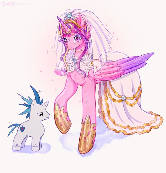 Size: 1925x2000 | Tagged: safe, artist:kitsu, artist:strawbee_fox, derpibooru import, princess cadance, shining armor, alicorn, pony, unicorn, g4, blushing, chest fluff, clothes, collar, dress, duo, duo male and female, female, headdress, horn, image, jpeg, long hair, long mane, male, messy mane, smiling, wedding dress