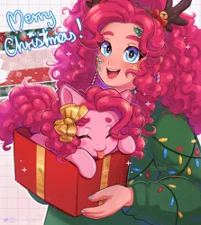 Size: 1829x2048 | Tagged: safe, artist:kitsu, artist:strawbee_fox, derpibooru import, pinkie pie, human, pony, g4, antlers, blue eyes, blushing, bow, christmas, christmas lights, christmas sweater, clothes, eyes closed, female, gift wrapped, hair bow, holiday, image, jpeg, messy hair, messy mane, open mouth, present, self paradox, self ponidox, small pony, smiling, sweater, tongue out