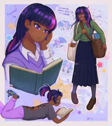 Size: 1829x2048 | Tagged: safe, artist:kitsu, artist:strawbee_fox, derpibooru import, twilight sparkle, human, g4, black skin, blackwashing, book, clothes, collar, exhausted, female, focused, humanized, image, implied star swirl the bearded, jpeg, long hair, long skirt, nerd, oversized clothes, oversized shirt, ponytail, purple eyes, shirt, skirt, slippers, solo, solo female, straight hair, stressed, studying, sweater, tired