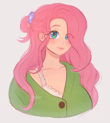 Size: 1829x2048 | Tagged: safe, artist:kitsu, artist:strawbee_fox, derpibooru import, fluttershy, human, g4, blue eyes, blushing, bra, bra strap, clothes, female, flower, flower in hair, humanized, image, jpeg, lace, looking at you, messy hair, pink hair, simple background, solo, solo female, underwear