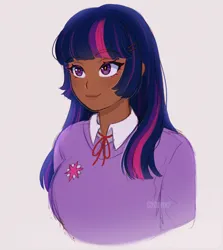 Size: 1828x2048 | Tagged: safe, artist:kitsu, artist:strawbee_fox, derpibooru import, twilight sparkle, human, g4, black skin, blackwashing, blouse, blushing, collar, female, humanized, image, jpeg, long hair, purple eyes, simple background, solo, solo female, straight hair, two toned hair