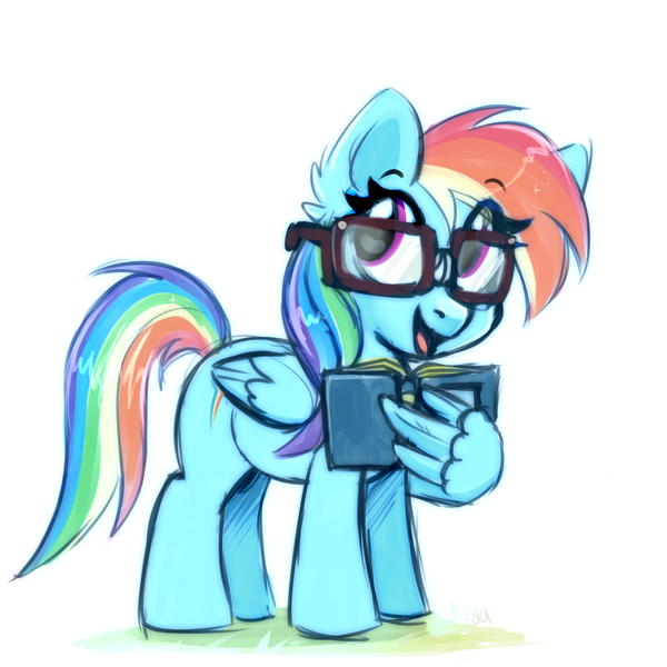 Size: 2508x2508 | Tagged: safe, artist:pozya1007, derpibooru import, rainbow dash, pegasus, pony, g4, adorkable, book, cute, dashabetes, dork, egghead, egghead dash, female, filly, foal, glasses, image, nerd, one wing out, open mouth, open smile, png, reading rainboom, simple background, smiling, solo, tape, taped glasses, white background, wing hands, wings