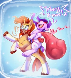 Size: 4295x4684 | Tagged: safe, artist:pozya1007, derpibooru import, starlight glimmer, sunburst, pony, unicorn, g4, abstract background, blushing, christmas, cute, duo, duo male and female, female, glasses, gradient background, holiday, horn, image, looking left, male, mare, open mouth, png, ponies riding ponies, rearing, riding, riding a pony, santa sack, shipping, stallion, starburst, straight, unshorn fetlocks, yelling