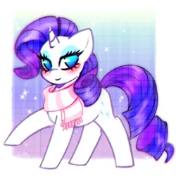 Size: 1410x1410 | Tagged: safe, artist:pozya1007, derpibooru import, rarity, pony, unicorn, g4, clothes, cute, eyeshadow, female, horn, image, looking at you, makeup, mare, passepartout, png, scarf, signature, simple background, solo, striped scarf