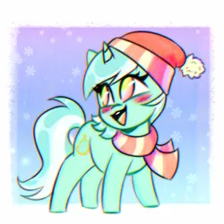 Size: 1418x1418 | Tagged: safe, artist:pozya1007, derpibooru import, lyra heartstrings, pony, unicorn, g4, blushing, clothes, cute, female, hat, horn, image, lyrabetes, mare, open mouth, open smile, outdoors, passepartout, png, scarf, smiling, snow, snowfall, solo, striped scarf, winter