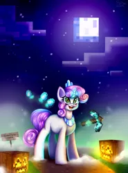 Size: 2508x3397 | Tagged: safe, artist:pozya1007, derpibooru import, sweetie belle, pony, unicorn, don't mine at night, g4, blank flank, cloud, cute, diamond, diamond pickaxe, diasweetes, female, filly, foal, glow, glowing horn, halloween, holiday, horn, image, jack-o-lantern, jewelry, levitation, magic, magic aura, minecraft, moon, night, night sky, outdoors, pickaxe, png, pumpkin, sky, solo, stars, telekinesis