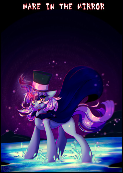 Size: 2508x3541 | Tagged: safe, artist:pozya1007, derpibooru import, oc, oc:flawless sparklemoon, unofficial characters only, pony, unicorn, angry, background, eyes open, female, fusion, fusion:trixie, fusion:twilight sparkle, fusion:twixie, hat, horn, image, looking at you, magic, mare, my little pony the movie: the death of twilight sparkle, open mouth, open smile, png, smiling, smiling at you, solo, sparkles, sparkly eyes, unicorn oc, water, wingding eyes