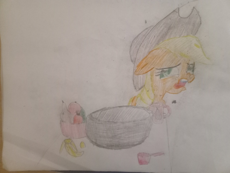 Size: 4096x3072 | Tagged: safe, artist:victoric1993, derpibooru import, applejack, earth pony, applebuck season, g4, banana, bowl, carrot, cucumber, disgusted, food, image, jpeg, mug, my little pony, pear, tomato, traditional art