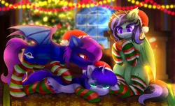 Size: 3500x2129 | Tagged: safe, artist:taiweiart, derpibooru import, oc, oc:dolores, oc:purple hole, oc:shiny dust, unofficial characters only, bat pony, unicorn, bat pony oc, bat wings, biting, christmas, clothes, cute, ear bite, happy new year, happy new year 2024, holiday, horn, image, png, socks, unicorn oc, wings