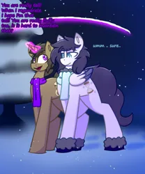 Size: 2048x2458 | Tagged: safe, artist:askhypnoswirl, derpibooru import, doctor whooves, time turner, oc, unofficial characters only, pegasus, unicorn, g4, boots, clothes, duo, duo male, horn, image, magic, male, night, pegasus oc, png, scarf, shield, shoes, snow, tree, unicorn oc, wings