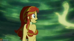 Size: 1920x1080 | Tagged: safe, artist:zarxnos, derpibooru import, sunset shimmer, mermaid, equestria girls, g4, bioluminescent, bra, clothes, crossover, female, green background, image, jpeg, mermaidized, now sing, ocean, poor unfortunate souls, seashell, seashell bra, simple background, solo, solo female, species swap, swimming, the little mermaid, underwater, underwear, water