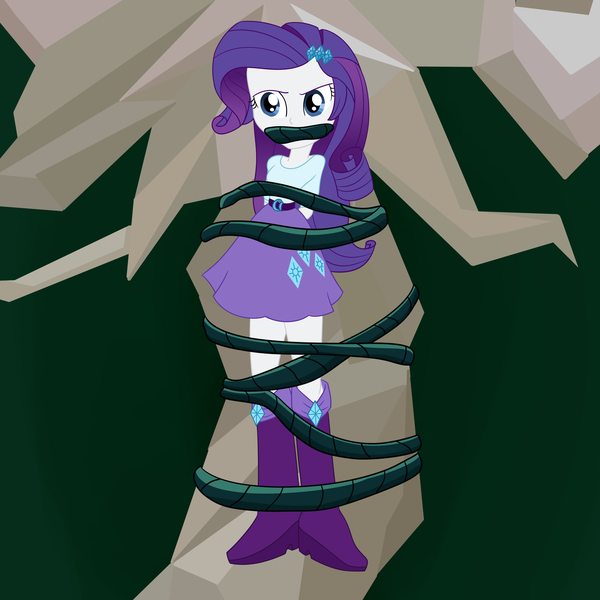 Size: 2500x2500 | Tagged: safe, artist:nie-martw-sie-o-mnie, derpibooru import, rarity, human, equestria girls, g4, bondage, boots, clothes, female, gag, hairpin, image, looking at you, png, shoes, skirt, solo, tied to tree, vine, vine bondage, vine gag