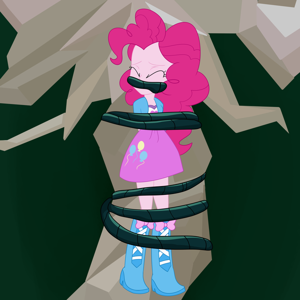 Size: 2500x2500 | Tagged: safe, artist:nie-martw-sie-o-mnie, derpibooru import, pinkie pie, human, equestria girls, g4, bondage, boots, clothes, eyes closed, female, gag, image, png, shoes, skirt, solo, tied to tree, vine, vine bondage, vine gag