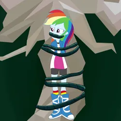 Size: 2500x2500 | Tagged: safe, artist:nie-martw-sie-o-mnie, derpibooru import, rainbow dash, human, equestria girls, g4, bike shorts, bondage, boots, clothes, female, gag, image, png, shoes, skirt, solo, tied to tree, vine, vine bondage, vine gag