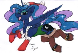 Size: 1200x811 | Tagged: safe, artist:sepiakeys, derpibooru import, princess luna, pony, g4, boots, christmas, clothes, hat, holiday, image, leotard, png, santa hat, shoes, solo, traditional art