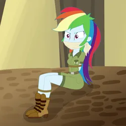 Size: 2500x2500 | Tagged: safe, artist:nie-martw-sie-o-mnie, derpibooru import, rainbow dash, human, equestria girls, g4, bondage, boots, bound and gagged, cloth gag, clothes, equestria girls specials, explorer outfit, female, gag, high heel boots, image, my little pony equestria girls: movie magic, otm gag, png, rope, rope bondage, shoes, shorts, sitting, solo