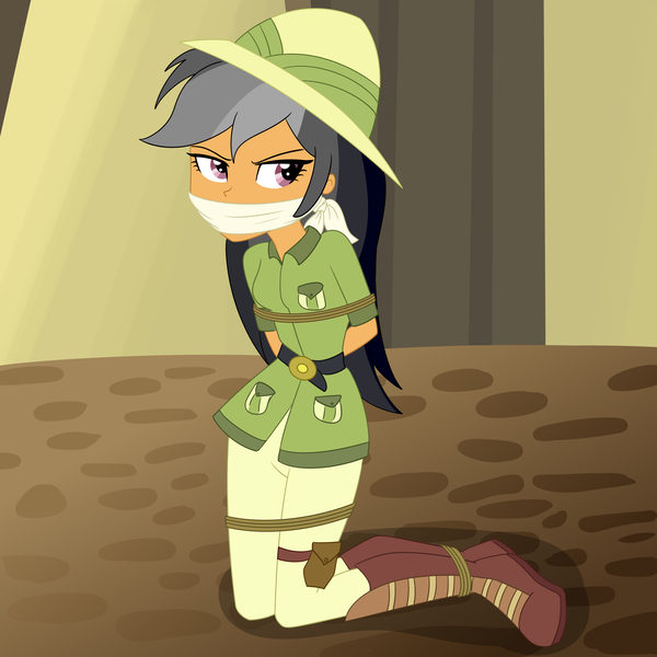 Size: 2500x2500 | Tagged: safe, artist:nie-martw-sie-o-mnie, derpibooru import, daring do, human, equestria girls, g4, bondage, boots, bound and gagged, cloth gag, clothes, equestria girls specials, explorer outfit, female, gag, hat, image, kneeling, my little pony equestria girls: movie magic, narrowed eyes, otm gag, pith helmet, png, rope, rope bondage, shoes, solo