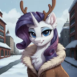 Size: 4608x4608 | Tagged: safe, ai content, derpibooru import, machine learning generated, prompter:thelight3d, stable diffusion, rarity, pony, unicorn, g4, antlers, bust, chest fluff, city, ear fluff, fur coat, happy, horn, image, jpeg, looking at you, smiling, snow, snowfall, solo