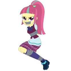 Size: 2500x2500 | Tagged: safe, artist:nie-martw-sie-o-mnie, derpibooru import, sour sweet, equestria girls, g4, bondage, bound and gagged, bowtie, clothes, crystal prep academy uniform, freckles, gag, image, kneesocks, looking at you, pleated skirt, png, school uniform, simple background, skirt, socks, tape, tape bondage, tape gag, transparent background