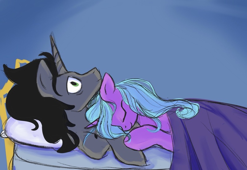 Size: 1902x1314 | Tagged: safe, derpibooru import, idw, king sombra, radiant hope, pony, unicorn, g4, bed, cuddling, cuddling in bed, female, horn, image, jpeg, male, on bed, ship:hopebra, shipping, straight