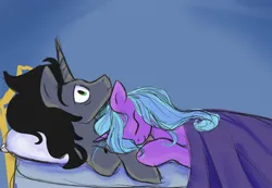 Size: 1902x1314 | Tagged: safe, derpibooru import, idw, king sombra, radiant hope, pony, unicorn, g4, bed, cuddling, cuddling in bed, female, horn, image, jpeg, male, on bed, ship:hopebra, shipping, straight