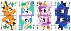 Size: 3200x1400 | Tagged: safe, artist:parclytaxel, derpibooru import, princess cadance, princess celestia, princess luna, the great seedling, alicorn, dryad, elk, pony, series:parcly's pony pattern playing cards, g4, acorn, bell, branches for antlers, bust, female, german, grin, heart, image, king of hearts, leaf, male, mare, oak tree, one of these things is not like the others, playing card, png, portrait, rotational symmetry, smiling, tree, vector