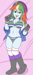 Size: 1711x3800 | Tagged: suggestive, artist:sumin6301, derpibooru import, rainbow dash, human, equestria girls, g4, bangs, bedroom eyes, boots, breasts, busty rainbow dash, cleavage, clothes, female, gloves, image, jacket, jpeg, looking at you, panties, ponytail, shoes, smiling, smiling at you, solo, striped bra, striped panties, striped underwear, tongue out, underwear, wristband