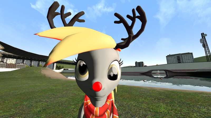 Size: 1920x1080 | Tagged: safe, derpibooru import, derpy hooves, pegasus, pony, g4, 3d, antlers, clothes, female, gmod, image, jpeg, looking at you, mare, reindeer antlers, rudolph nose, scarf, solo, video game